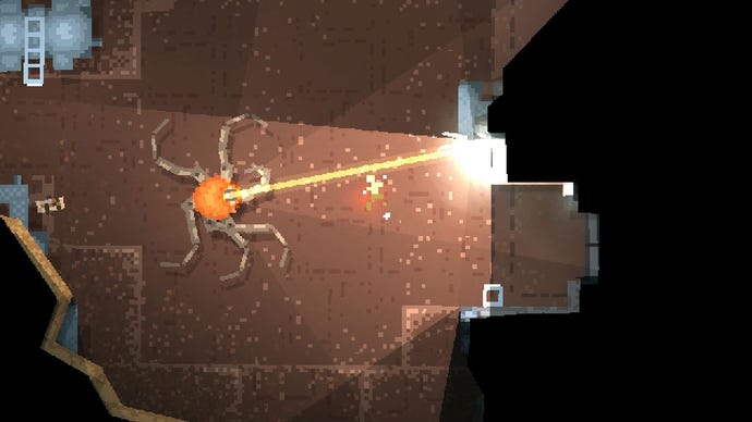 A top-down shot of Teleglitch showing a kind of spidery robot shooting a lazer