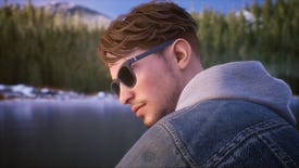 A screenshot of Tell Me Why showing Tyler with sunglasses in front of a lake.
