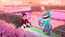 A screenshot of Temtem showing Cipanku island, featuring pink wheat fields and a trainer and Temtem poised on a low wall in the foreground.