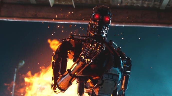  Survivors screenshot showing a red-eyed Terminator illuminated against a fiery background.