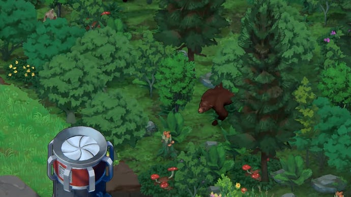 Terra Nil - A bear emerges from a rejuvenated forest near a renewable power source.