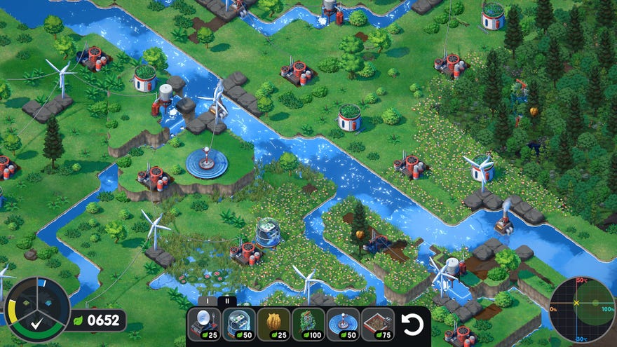 Terra Nil - Isometric view of a green and grassy environment full of rivers with wind turbines and water purifiers built on the landscape.