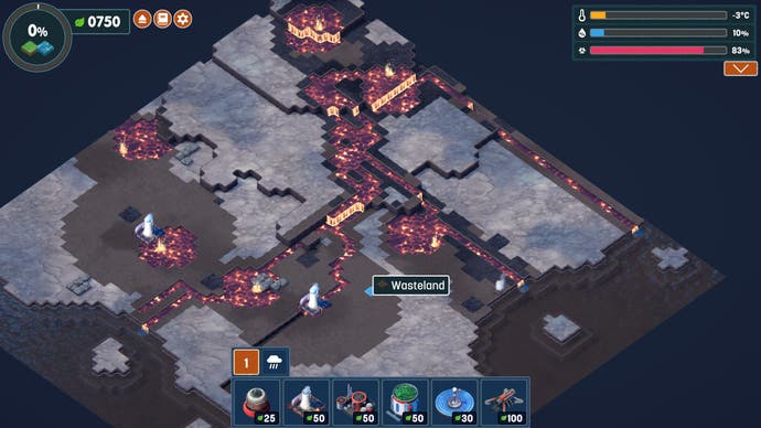 A screenshot from Terra Nil, and from the Arctic biome. Bertie is pulling up lava from the ground to flood the area before he uses the ash and the temperature rise to regrow the land. Then, he'll freeze it.