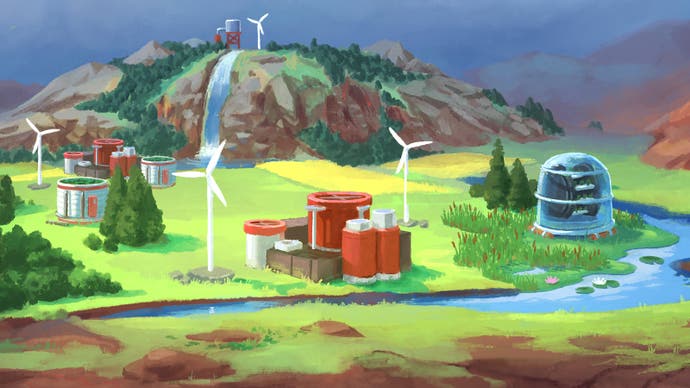 A hand-drawn image of a barren landscape being turned into a lush oasis, with a river running through it, wind turbines, green-green grass and clean air. It looks like hope.