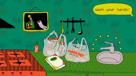 An illustration of shopping bags on a kitchen counter in a Tet screenshot.