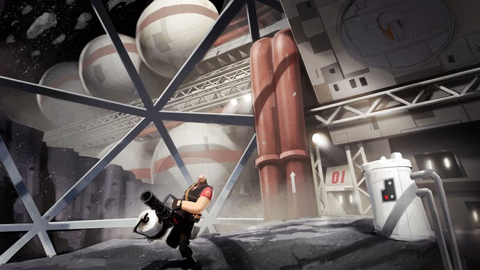 Team Fortress 2's Heavy Weapons Guy walking through the Moonbase map.