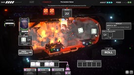 A screenshot of Tharsis showing an exploding segment of a spaceship, with rolling dice on top of it and the face of a panicked spaceman looking on.