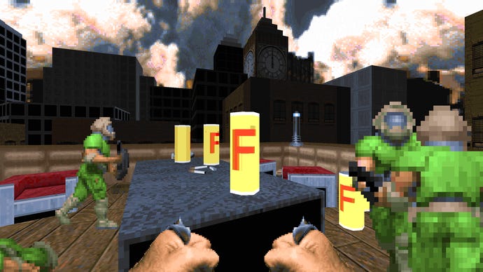 A can of F lager in a screenshot from Doom 2 mod Thatcher's Techbase.