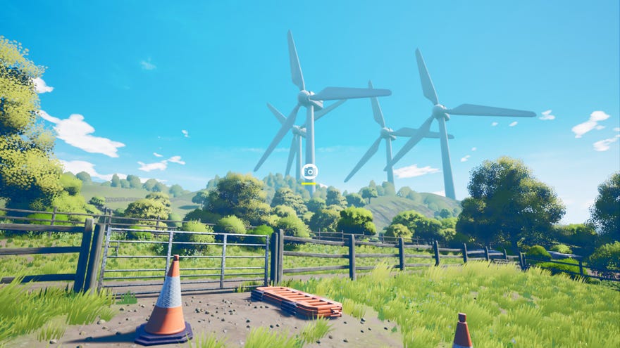 The Magnificent Trufflepigs - From first-person, your character looks across an old farm fence at some construction equipment and wind turbines.