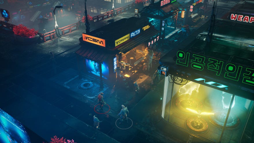An image from The Ascent which shows two players stood outside a futuristic street stand.