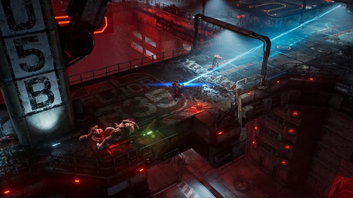 An image of The Ascent which shows top-down combat on a bridge, with the player firing a blue laser at an enemy.