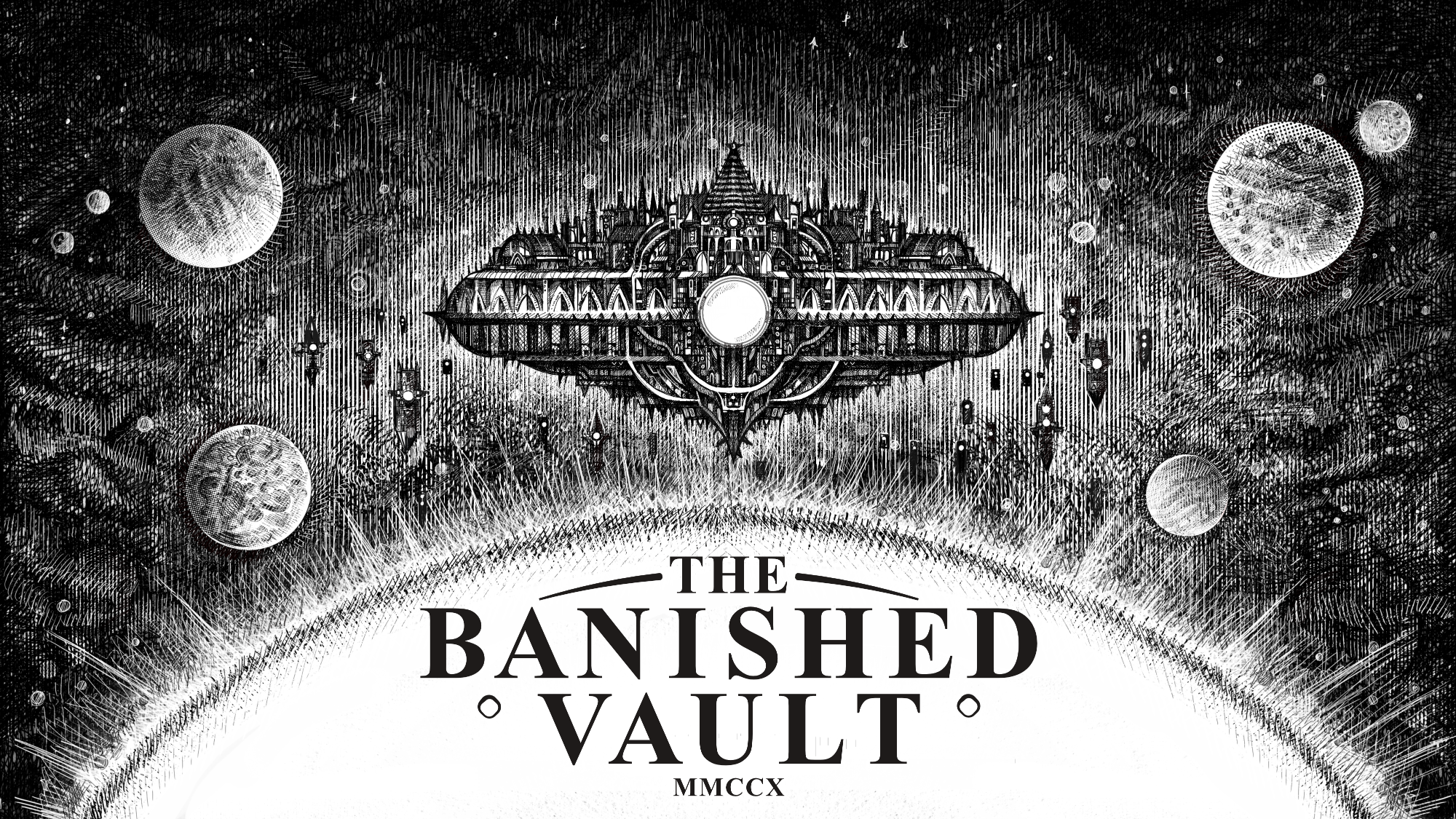 A vast spaceborne monastery in The Banished Vault's key art.