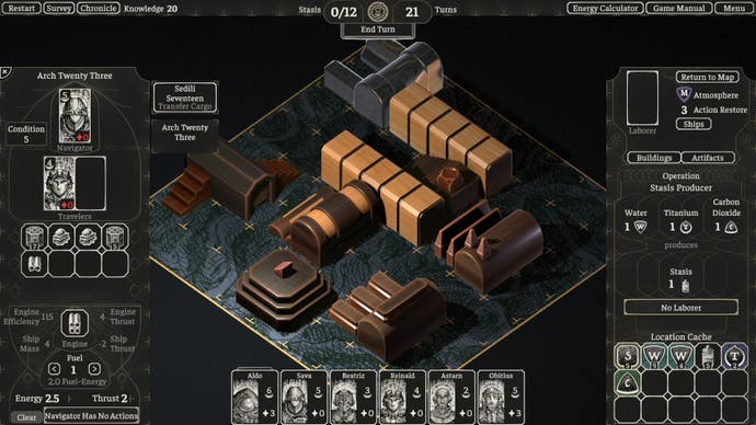 Screenshot from The Banished Vault showing several buildings of wooden block style placed on an 8x8 grid of a planet surface, with white-and-black UI around it.