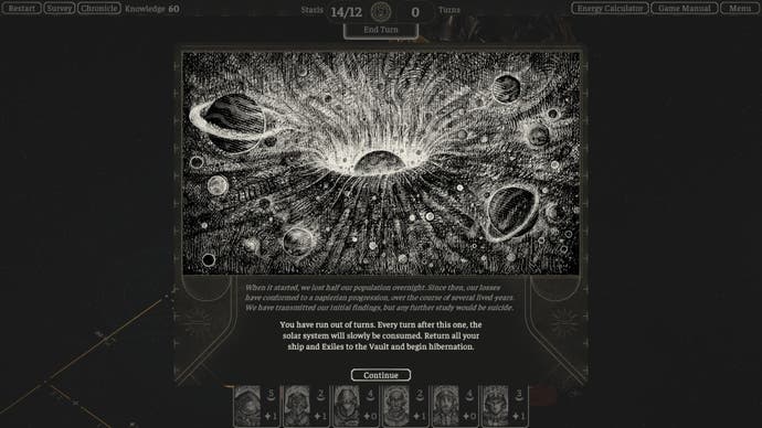 Screenshot from The Banished Vault showing the hand-drawn art popup for running out of turns, with a sketch of a star sinking into a black hole at the centre of a solar system
