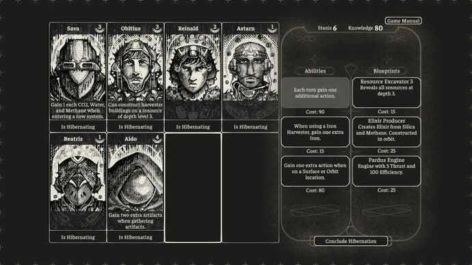 Screenshot from The Banished Vault showing the Exiles in hibernation and options for giving them skills or other upgrades paid for with Knowledge.