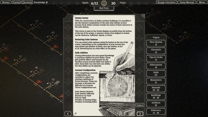 Screenshot from The Banished Vault showing a page from the manual explaining various mechanics like System Surveys, Restarting Systems, Exile Abilities, and Journey Configuration.