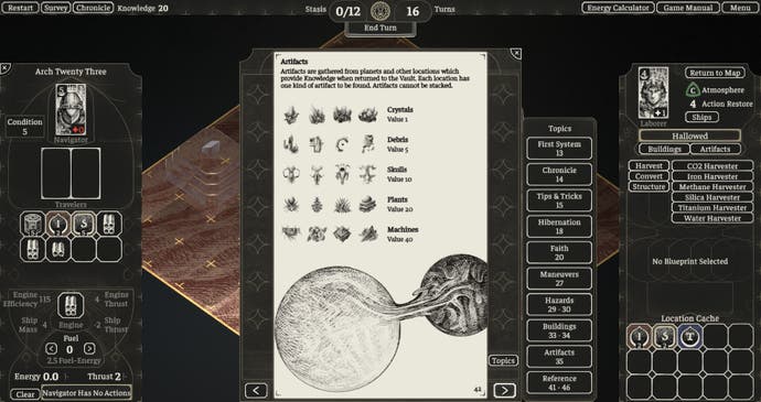 Screenshot from The Banished Vault showing a page from the in-game manual with hand-drawn images for Artifacts and other illustrations.