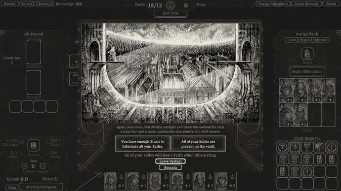 Screenshot from The Banished Vault showing the gothic black-and-white pencil style art popup notifying you before you leave the system for the final time.