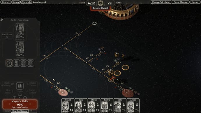 Screenshot from The Banished Vault showing a ship encountering a hazard during navigation with a 93% chance of successfully overcoming it.