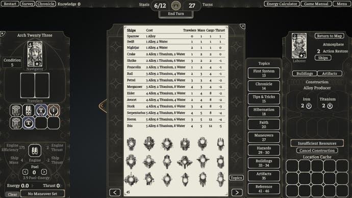 Screenshot from The Banished Vault showing a manual page with a large table for different ship costs and sketches of each of the ships below.