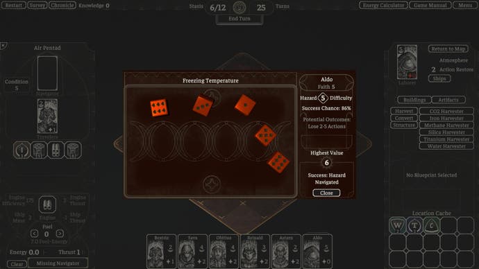 Screenshot from The Banished Vault showing five red dice being rolled for a hazard encounter.