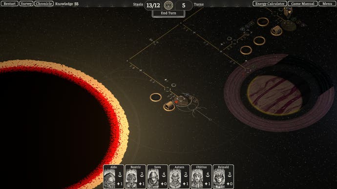 Screenshot from The Banished Vault showing a hallowed planet by a red and yellow sun that's almost completely turned black by The Gloom