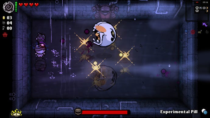 A Binding Of Isaac: Repentance screenshot showing a boss battle with a toothy ghost in a flooded room.