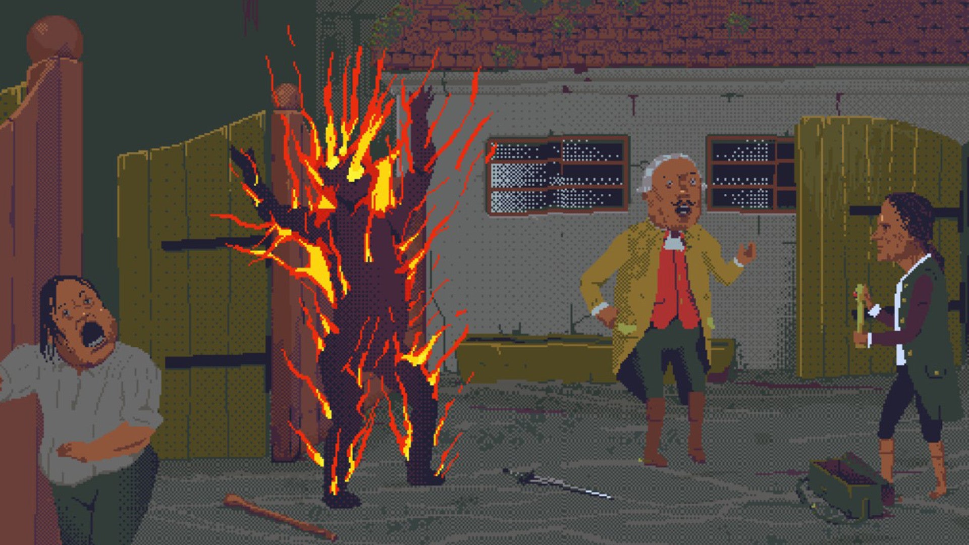 A charred man screams while on fire while others look shocked in The Case Of The Golden Idol, a 2D adventure game with colourful pixel art.