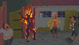 A charred man screams while on fire while others look shocked in The Case Of The Golden Idol, a 2D adventure game with colourful pixel art.