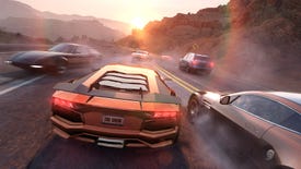 An orange sports car speeds between two other cars in The Crew