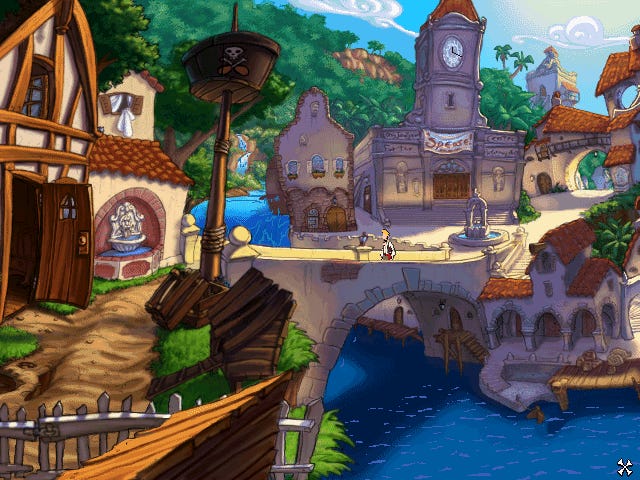 A man walks over a bridge in a cartoon-ish town in The Curse Of Monkey Island