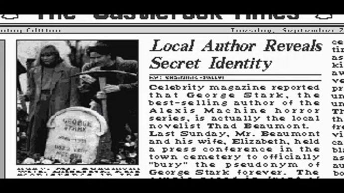 A newspaper clipping from an early '90s point-and-click game. Headline reads "Local Author Reveals Secret Identity".