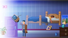 A screenshot of The Darkside Detective: A Fumble In The Dark showing a detective in a trenchcoat looking into a blinding light in a bedroom full of hovering furniture.