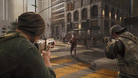 Two characters in hats aim their guns as a zombie runs toward them in The Day Before
