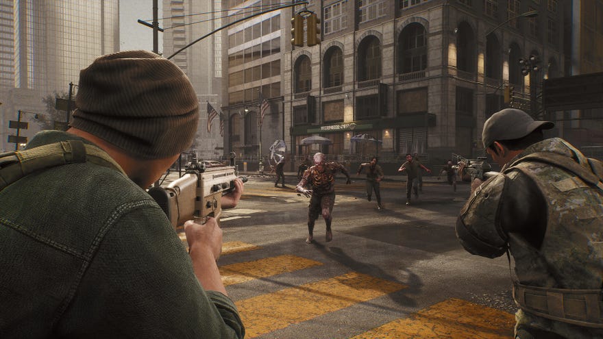 Two characters in hats aim their guns as a zombie runs toward them in The Day Before