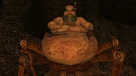 Yagrum Bagarn, the last dwarf, sits corpulent upon mechanical spider legs in The Elder Scrolls III: Morrowind.