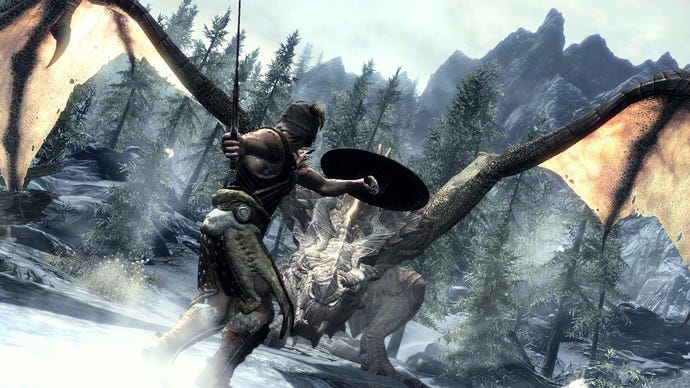 Dragonborn е изправен пред дракон в екранна снимка на Skyrim