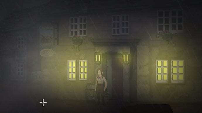 Thomasina stands outside the village pub in The Excavation Of Hob's Barrow, on a dark misty night