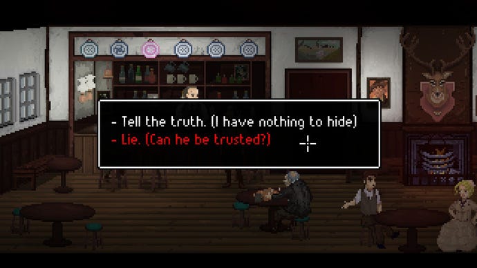 A dialogue pop-up in The Excavation Of Hob's Barrow asking whether the player should tell the truth or lie to an NPC who may not be trustworthy