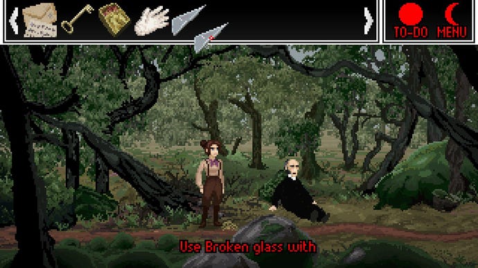 The main character of The Excavation Of Hob's Barrow, Thomasina, hold's a shard of glass from her inventory as she stands in a forest clearing next to an unwell priest