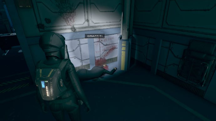 An astronaut looks at a dead woman who's scrawled a message in her own blood in The Expanse: A Telltale Series