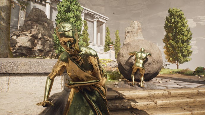 Golden statues in a The Forgotten City screenshot.