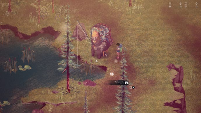 The Garden Path preview - talking with Larto, a large bull-like character who's sitting on a small chair and fishing in the pond.