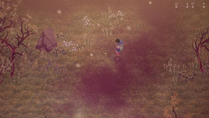 The Garden Path preview - alone in a green and brown field picking up a very small yellow plant.