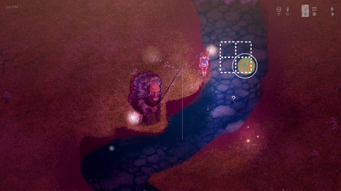 The Garden Path - The player is fishing by navigating a music note across a four quadrant grid. Red and yellow concentric circles show where the music note should be aimed.
