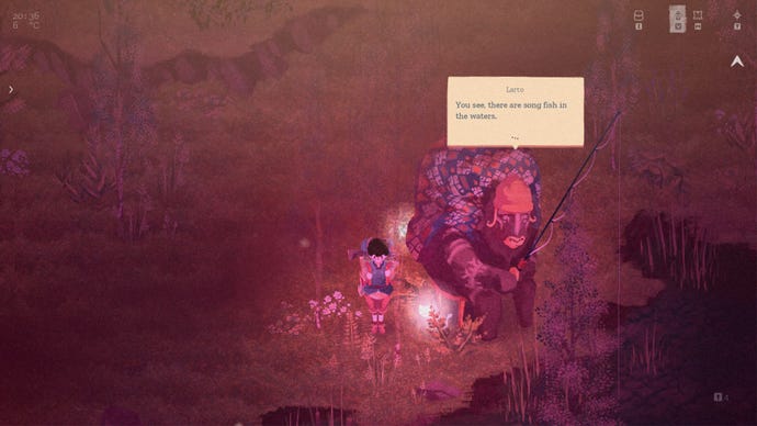 The player talks to Larto, a big buffalo who likes to fish, on the edge of the river bank in The Garden Path. It's night and the scene is lit by a pink-ish lantern