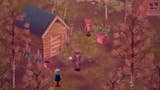 The Garden Path preview - offiical asset for The Garden Path, showing painterly style trees, pink flowers, and wood cabin with some characters outside.