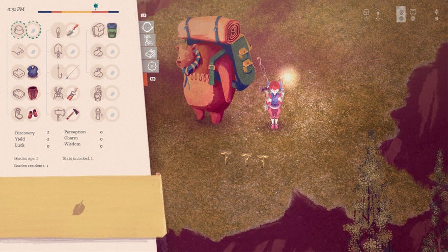 The Garden Path - The player stands beside three planted seeds with a backpack lantern lit next to Augustus the bear while looking at their inventory.