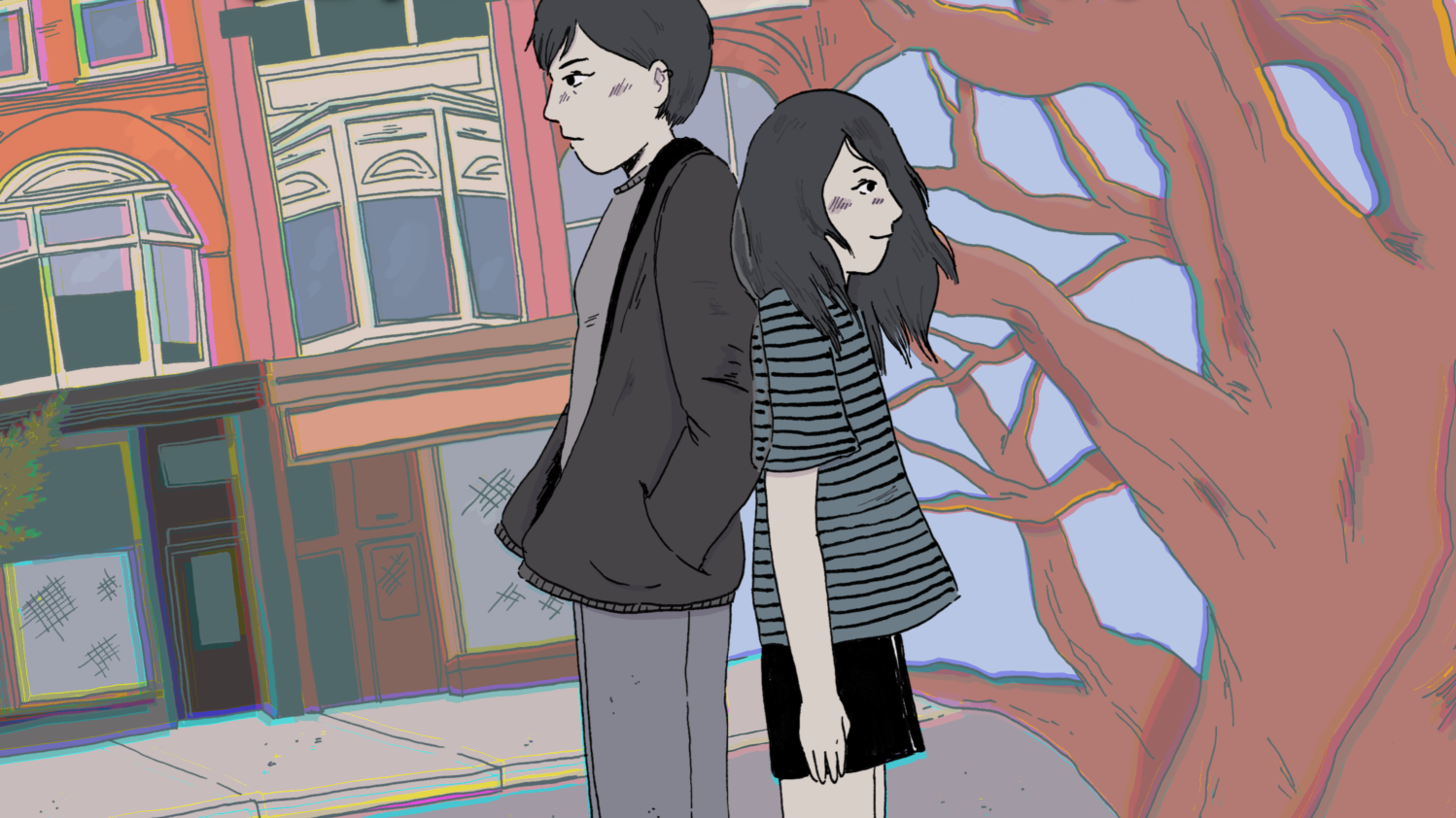 A women stands back-to-back with her child self in artwork for The Grown-Up Detective Agency.