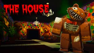 Artwork for Roblox horror game The House, showing a creepy looking room and a scary, giant teddy bear.